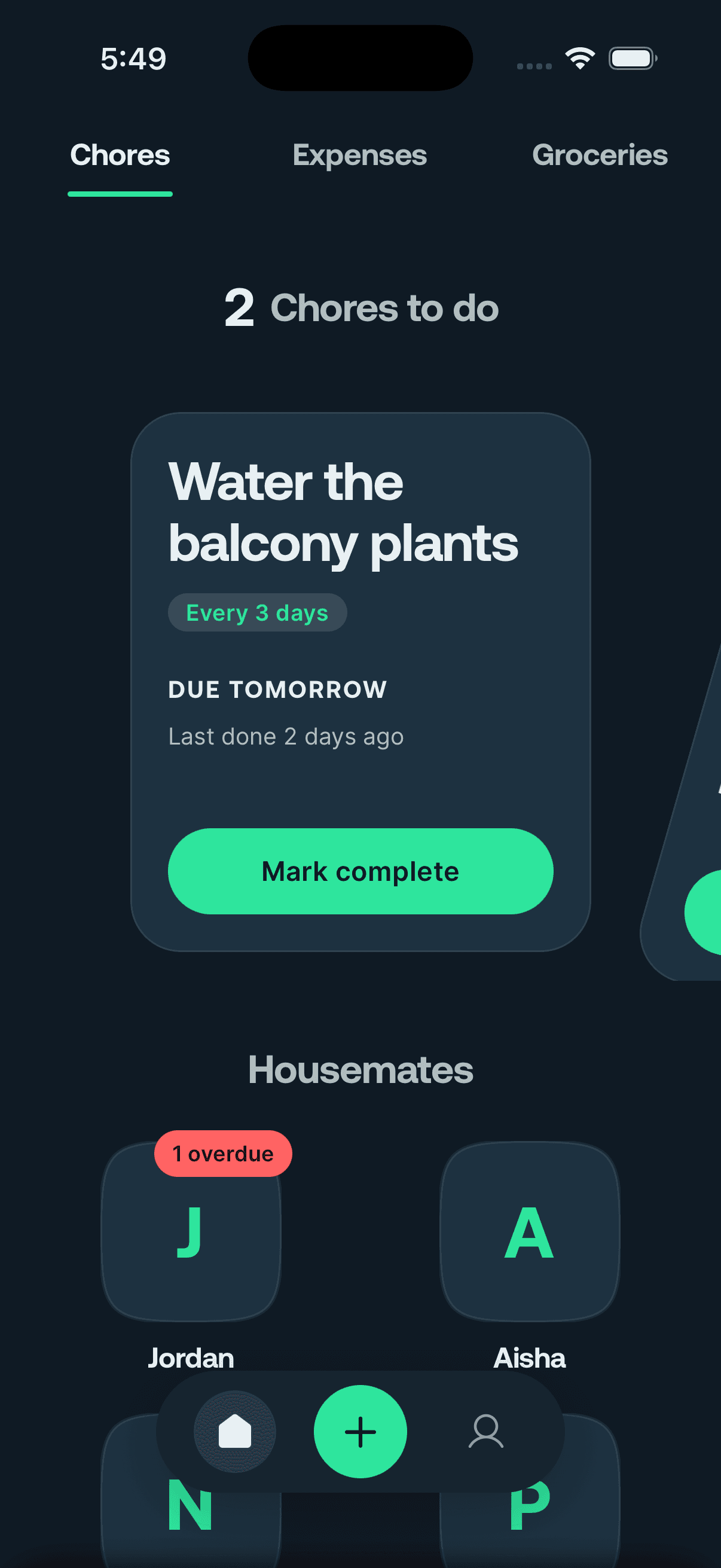 The chores tab in the Housemates app, showing a card to water the balcony plants every 3 days, due tomorrow, and the housemates it rotates between.